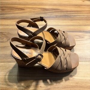 Indigo Taupe Strappy Cork Wedge Sandals